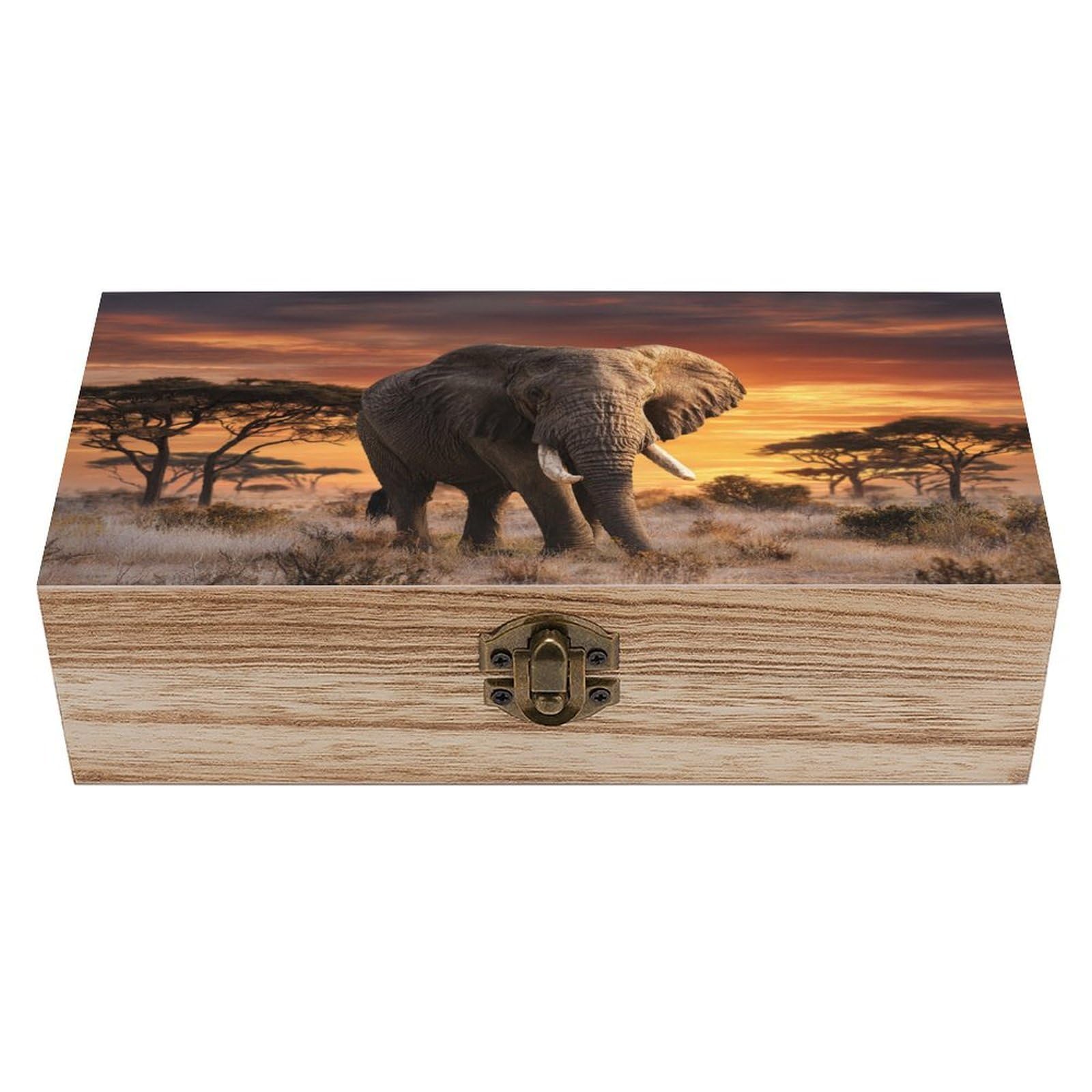 Ahdyr Elephant at Sunset Wooden Storage Box with Hinged Lid And Front Clasp Large Keepsake Box