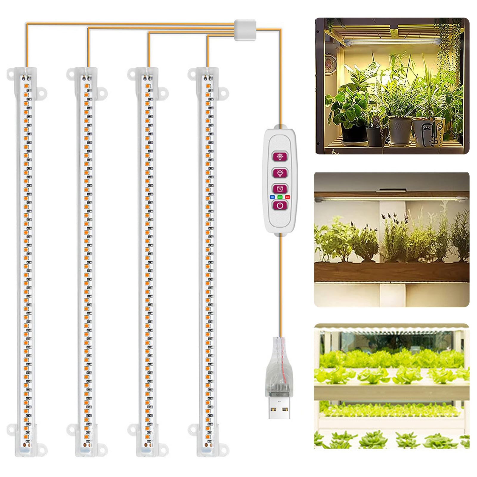 GAESHOW 4 Stäbe Pflanzenlichtstreifen, Pflanzenlampe LED Vollspektrum, 5 Typen Dimmbare Pflanzenlicht, Rotes und Blaues Licht, 4-Köpfe Pflanzen LED Streifen mit Auto Timer für Zimmerpflanzen, 30cm (A)