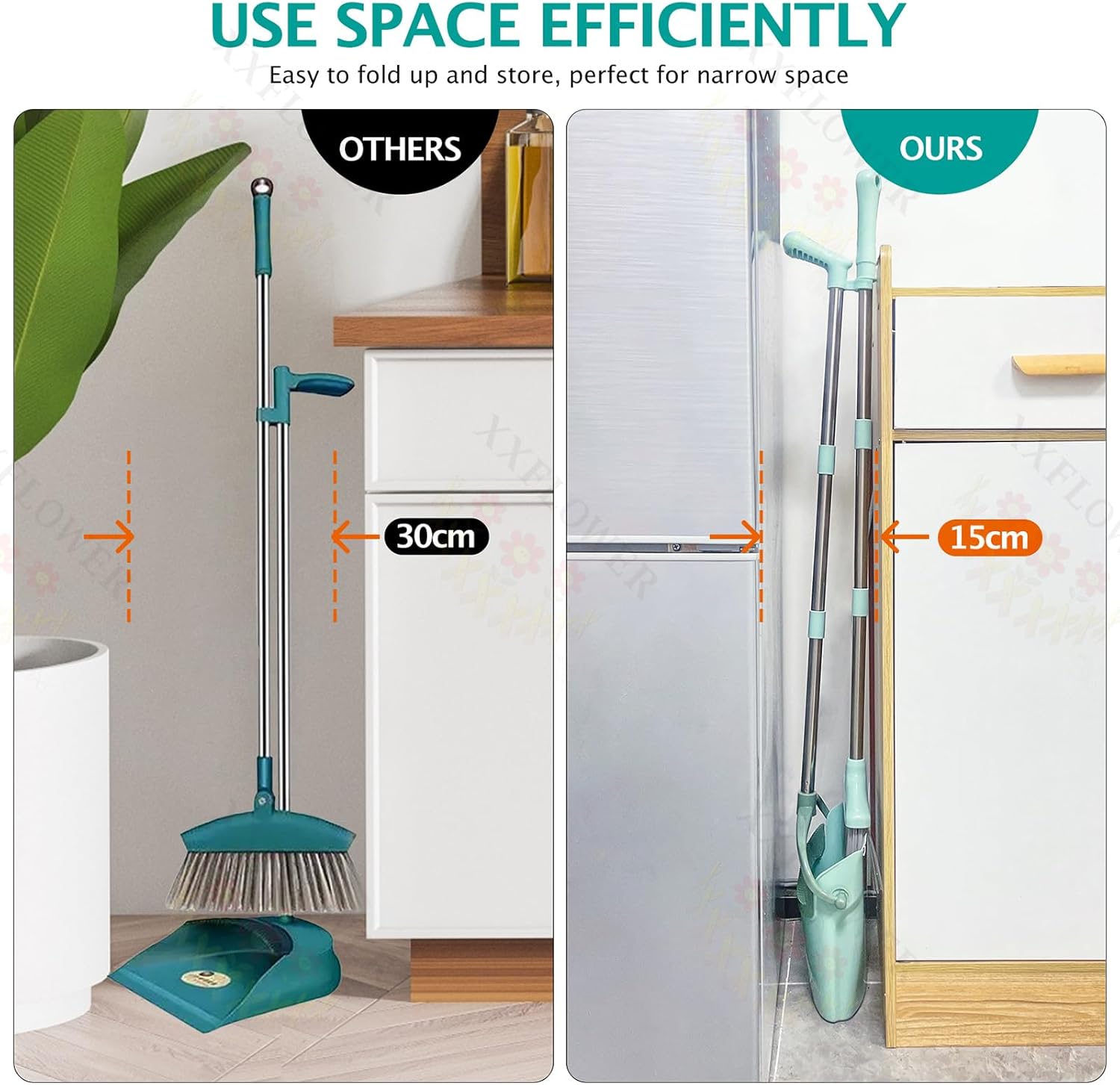 XXXFLOWER Broom and Dustpan Set with Cleaning Teeth, 55" Long Handle Indoor Sweeping Combo for Home Office Kitchen, Bluish Green - Image 5