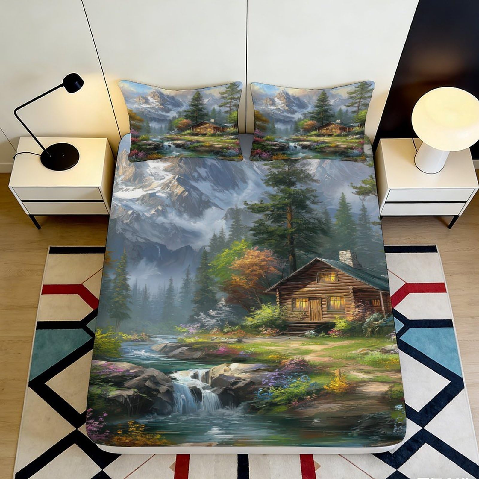 3D Printed Forest Cabin Fitted Sheet Microfiber Soft Scenic Mountain Stream Bed Cover for Bedroom Guest Room Decor 90x200x25cm