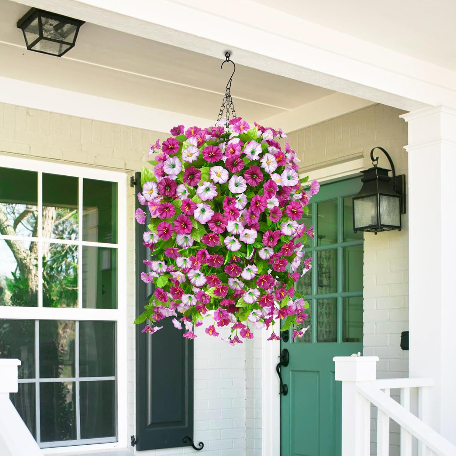 Artificial Faux Hanging Flowers Plants Baskets for Outdoor Spring Summer Decorations,Resistant Fake Morning Glory Silk Plants for Outside UV Resistant Patio Yard Home Porch Decor(Light purple) - Image 7