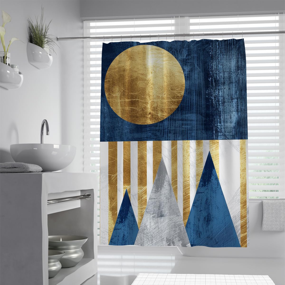UIRINGART Contemporary Bath Curtain W120xL180cm Navy Blue Yellow Moon Mountain Stripe Pattern with Rustproof Grommets Home and Hotel Bathroom Decor Set