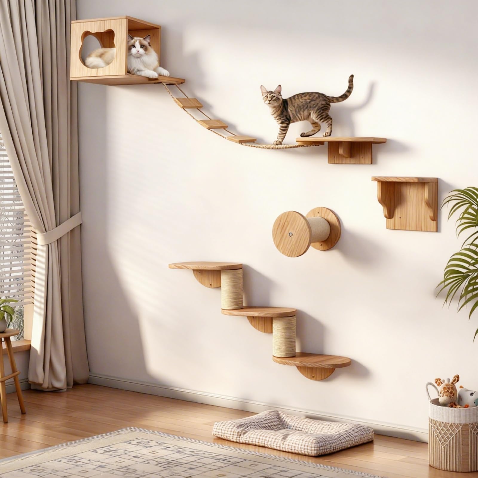 Parco da arrampicata per gatti XXL, 4 pezzi in legno con cuccia per gatti, ponte sospeso, scale e colonna in sisal, mobili da parete per gatti domestici