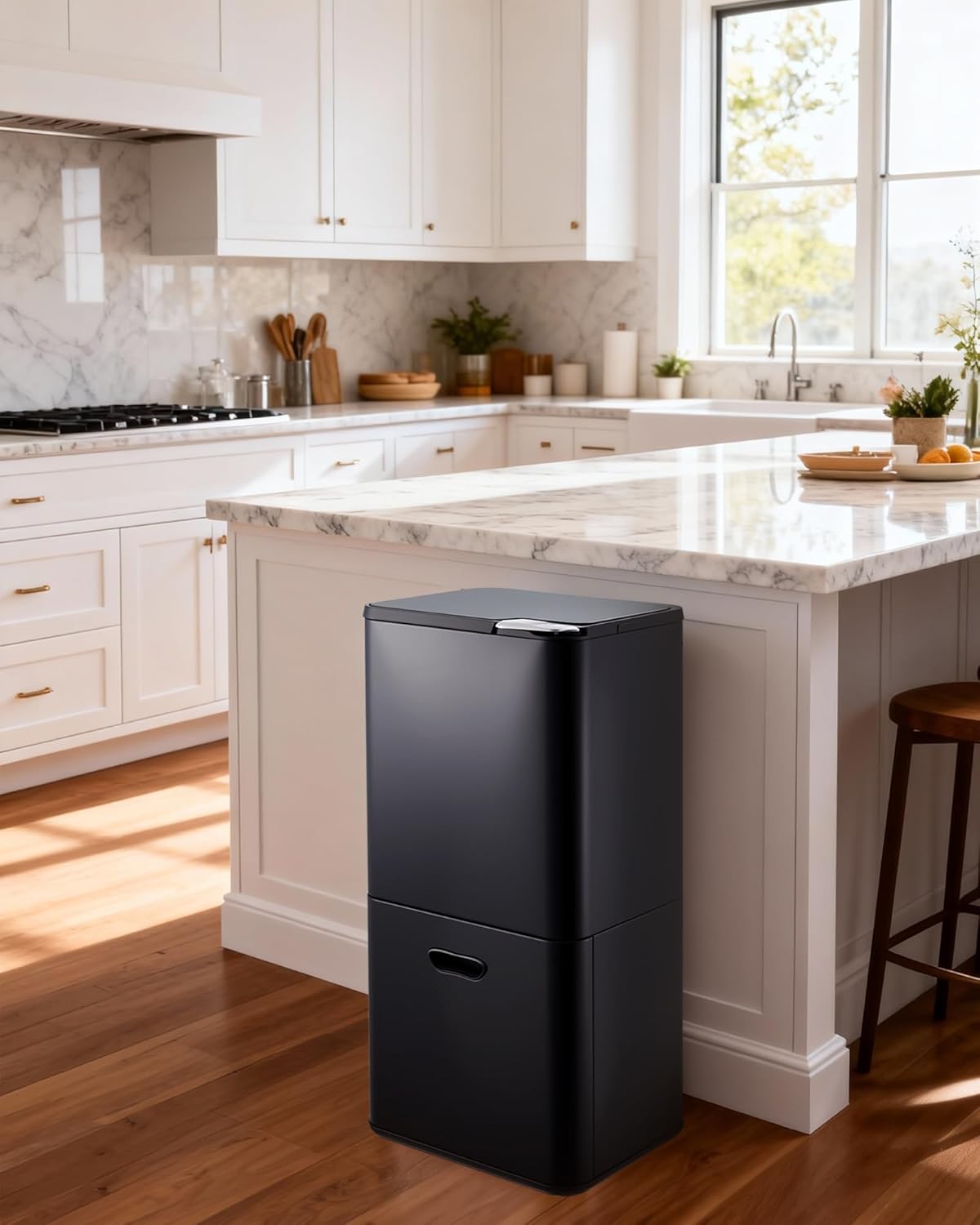 Garvee 16 Gal Dual Trash Can for Kitchen, 2 Compartment (33l + 28l) Garbage Can with Compost Bin, Stainless Steel Trash and Recycle Bin Combo with Removable Inner Bucket, Odor Control, Black