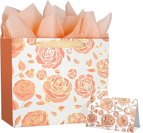 DecorWoo Bolsa de regalo grande de oro rosa de 13 pulgadas con tarjeta y papel de seda, bolsa de regalo de flores de aluminio para cumpleaños,
