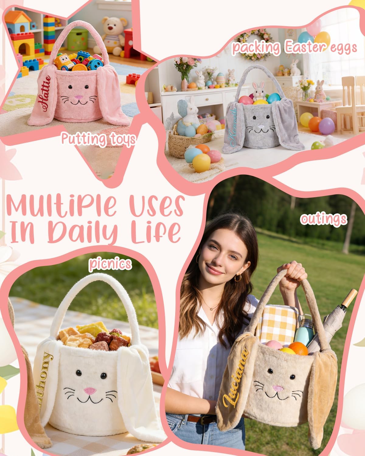 Custom Easter Basket for Boys Girls, Personalized Plush Bunny Ear Basket Embroidered FREE NAME, 2026 Rabbit Ear Handle Baskets for Baby Shower, Easter, Daily storage,Spring Egg Hunting Bag,Gift Wrap