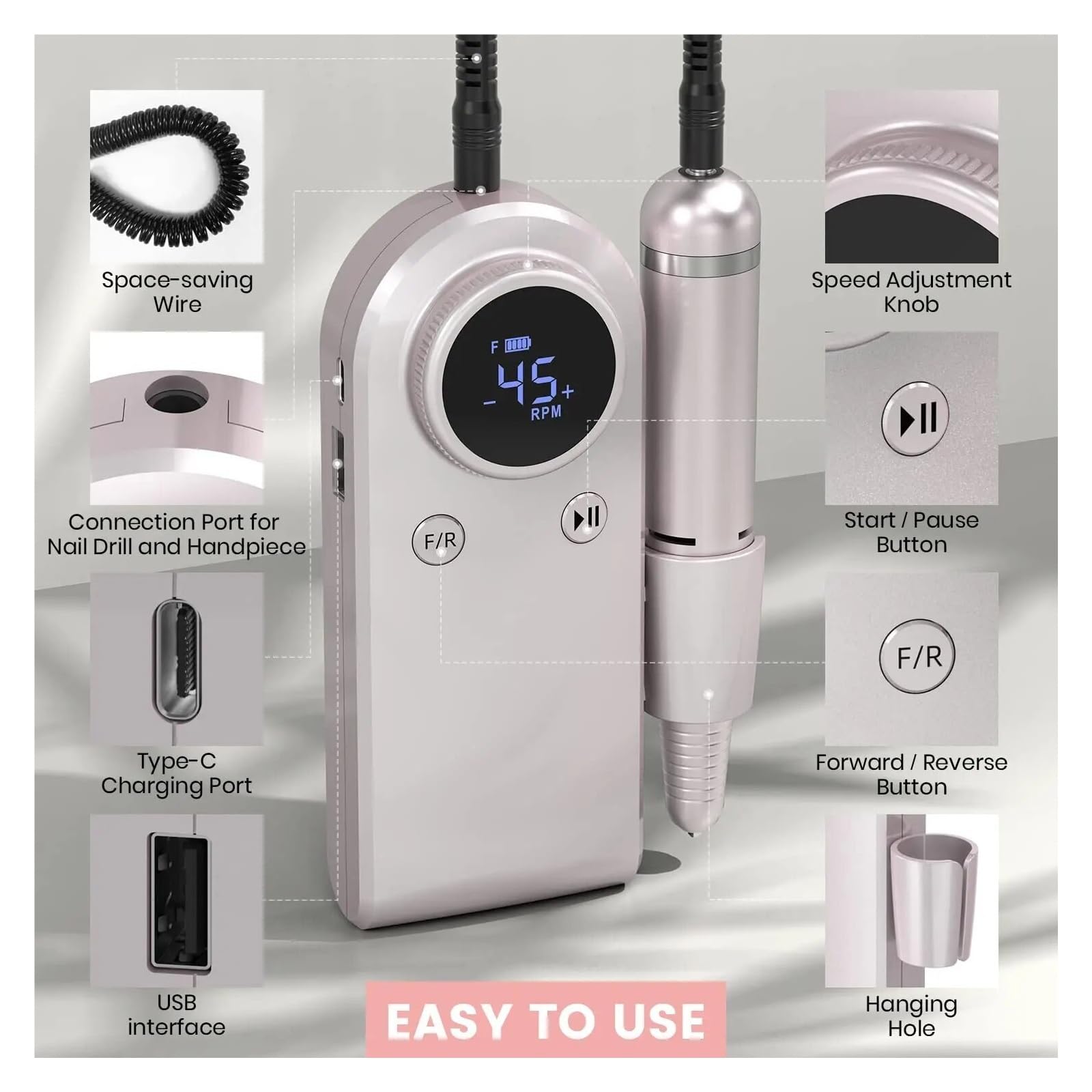 Trapano elettrico per unghie, Trapano for unghie professionale ricaricabile da 45000 giri/min con display LCD