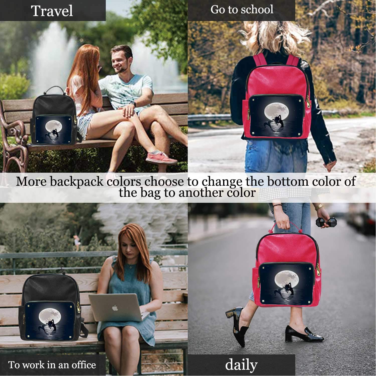 Mermaid DColorfulr,Leather Bag Small Mermaid Singing at Night Silhouette Full Moon Mythical Ornament for Women Travel 15IN