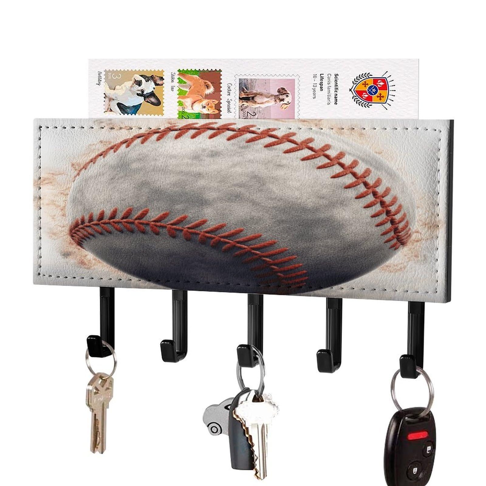 JTREHY Baseball Key Holder Wall Mount Decorative Key and Mail Holder PU Leather Adhesive Key Organizer Hanging Key Hooks Wall Shelf with 5 Hooks for Entryway Hallway Office