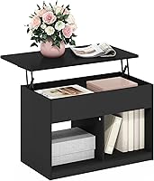 Vista 9 de Furinno Jensen - Mesa auxiliar de madera con parte superior elevadora de patas con compartimento oculto y estante lateral abierto para sala