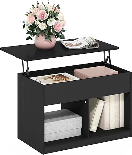 Miniatura 9 de Furinno Jensen - Mesa auxiliar de madera con parte superior elevadora de patas con compartimento oculto y estante lateral abierto para sala de