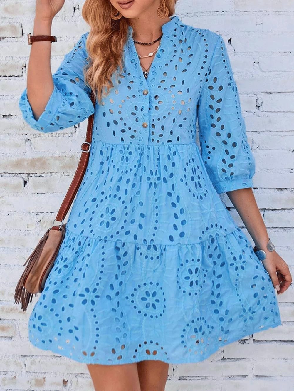 utcoco Women's 2025 Eyelet Lace Midi Dress V Neck Puff 3/4 Sleeve Button Tiered Sexy A Line Sun Dress - Image 4