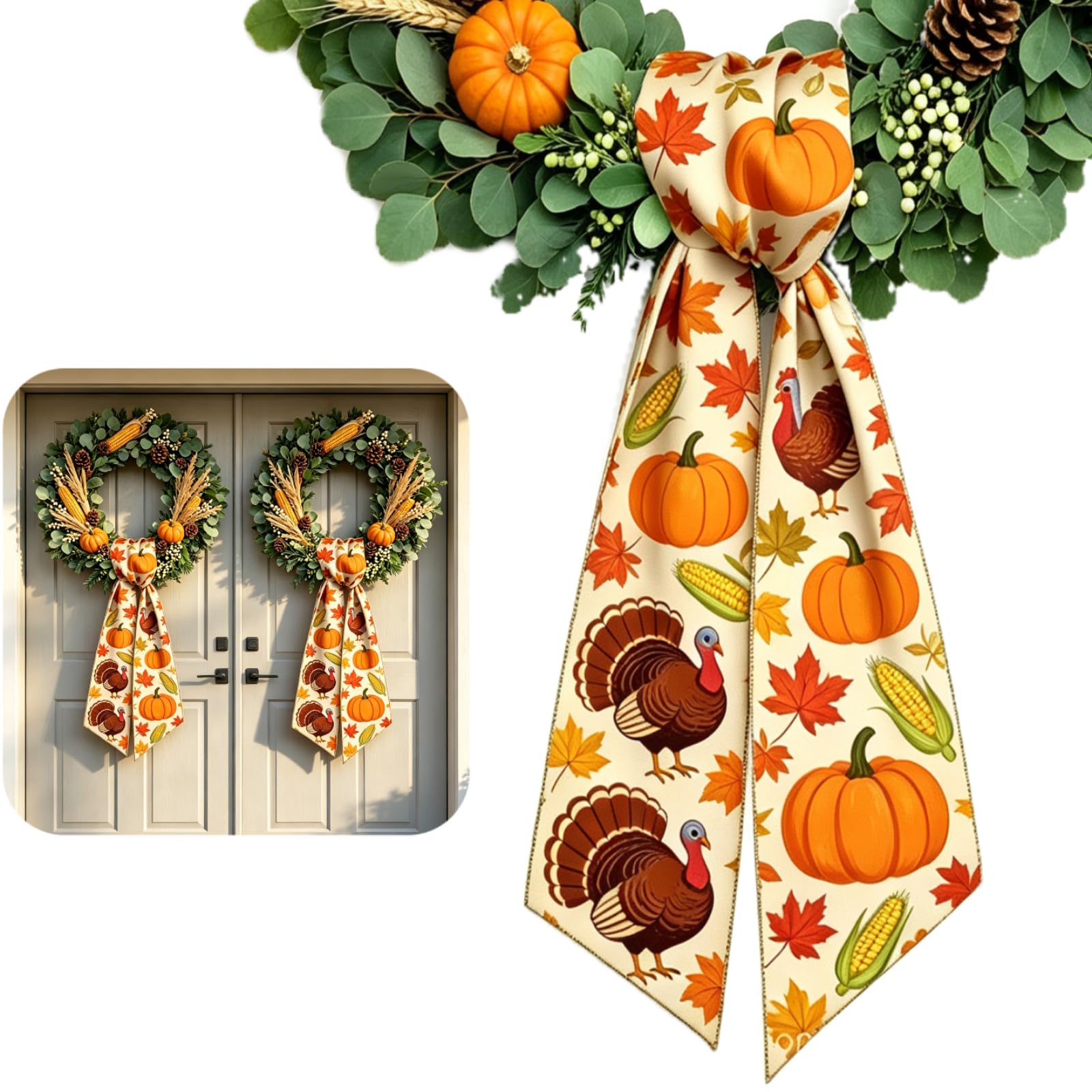 Wreath Sash for Front Door 2 Pack, Harvest Turkey Fall Wreath Ribbon, 4.5 x 56 Inch Wreath Bow Accessories for Thanksgiving Autumn Decor
