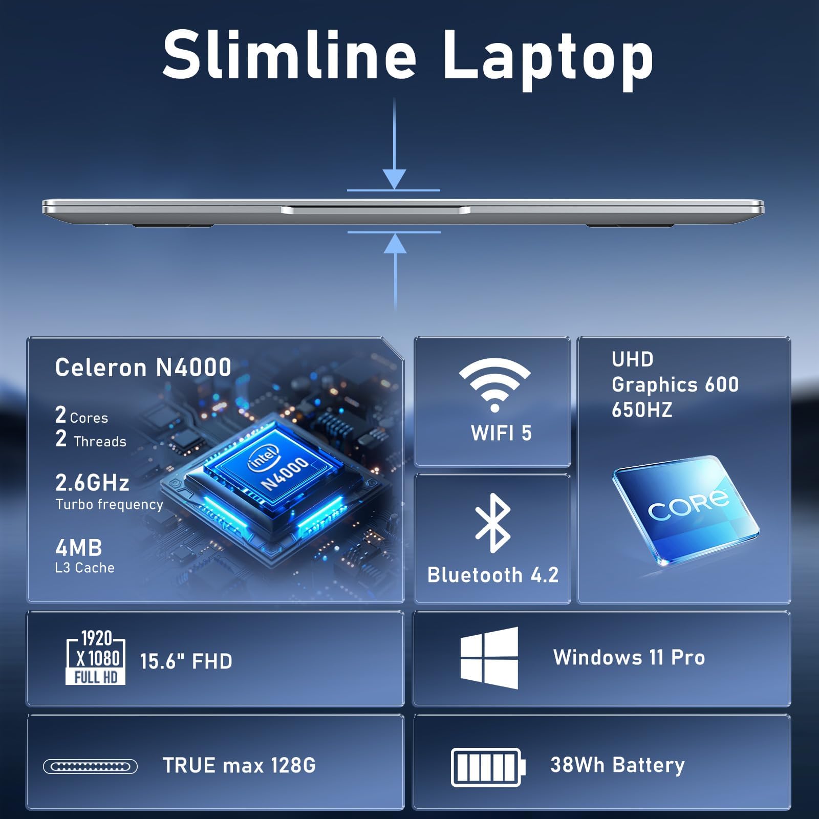Computer portatile, 15,6 pollici Lap Top PC 2025, Win 11 Pro, 8 GB RAM 256 GB SSD, processore N4000, display FHD 1920 x 1080P, WIFI5, BT4.2, sottile e leggero, batteria da 5000 mAh, HDMI, per studenti