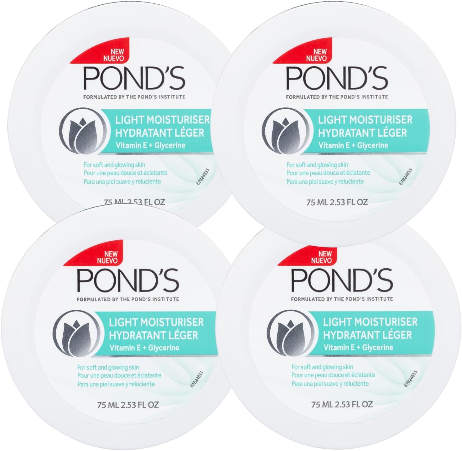 Pond's Light Moisturizer Cream, For Soft and Glowing Skin, Vitamin E, 4-Pack of 2.53 Fl Oz Each
