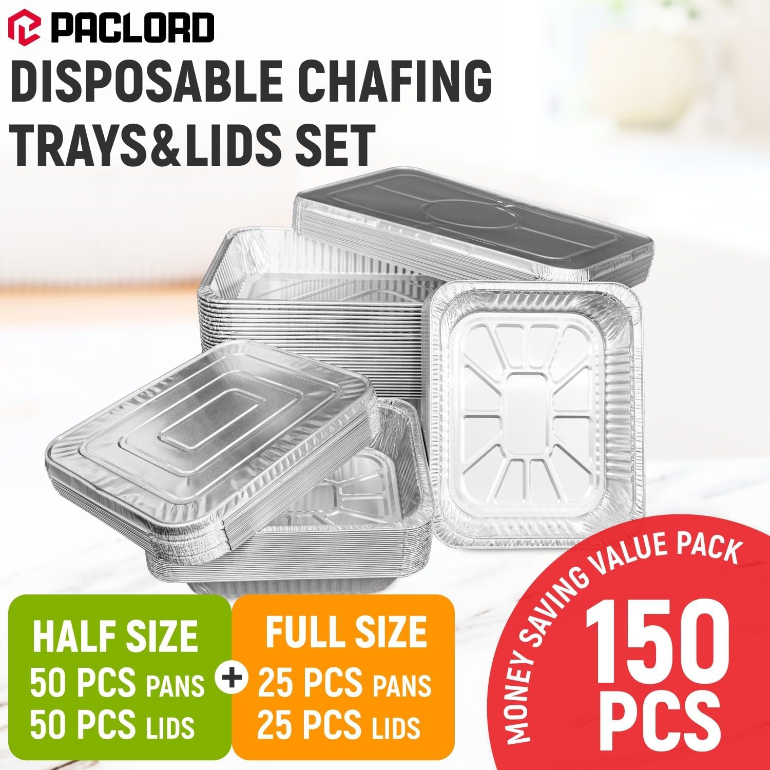 USA-Made Aluminum Foil Pans with Lids - Set of 25 Full Size 21" x 13" and 50 Half Size 9" x 13" Disposable Aluminum Pans with Lids for Chafing Racks - Great for Cooking, Heating, Food Storing