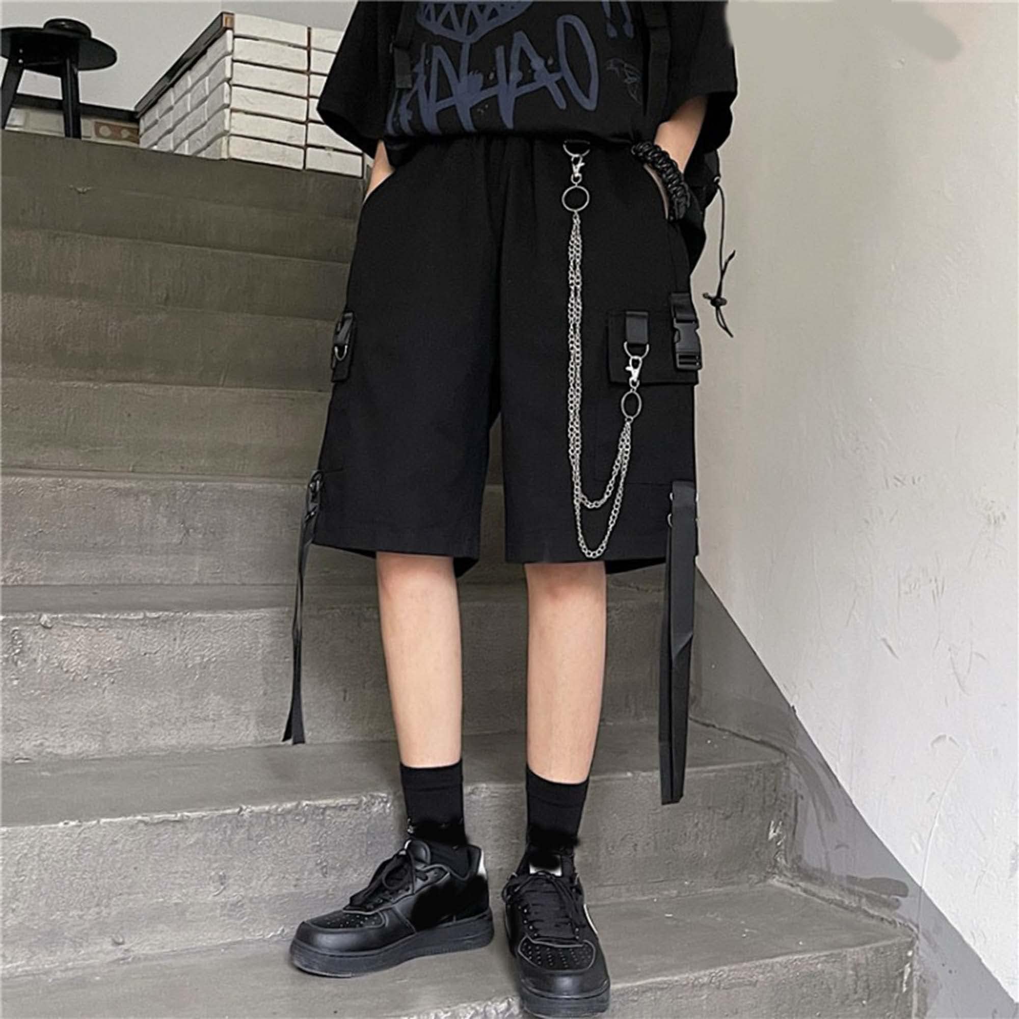 MEINVQIAOTI Black Cargo Pants for Women Street Harajuku Loose Straight Shorts Black Pants with Chains: XX-Large Black