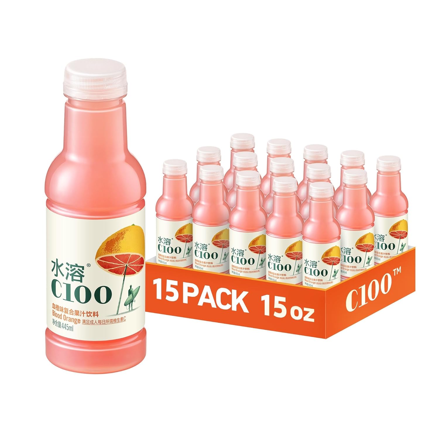 C100 Blood Orange Flavored Composite Juice Drink，100mg Vitamin C Per Bottle, 12% Real Fruit Juice, -15 fl oz, 445mL, 15 Pack