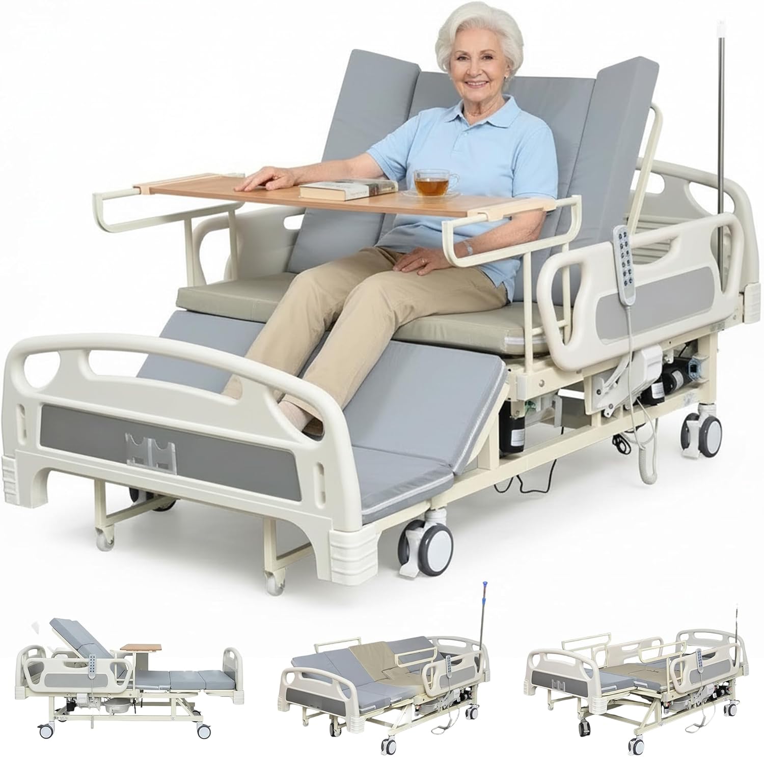 Full Electric Adjustable Hospital Medical Nursing Bed for Seniors Elderly Home Care Use with Remote Control/Built in Toilet/Beds Mattress/Tray Table/IV Pole All Accessories (Whole Bed Lift 18" - 27" )