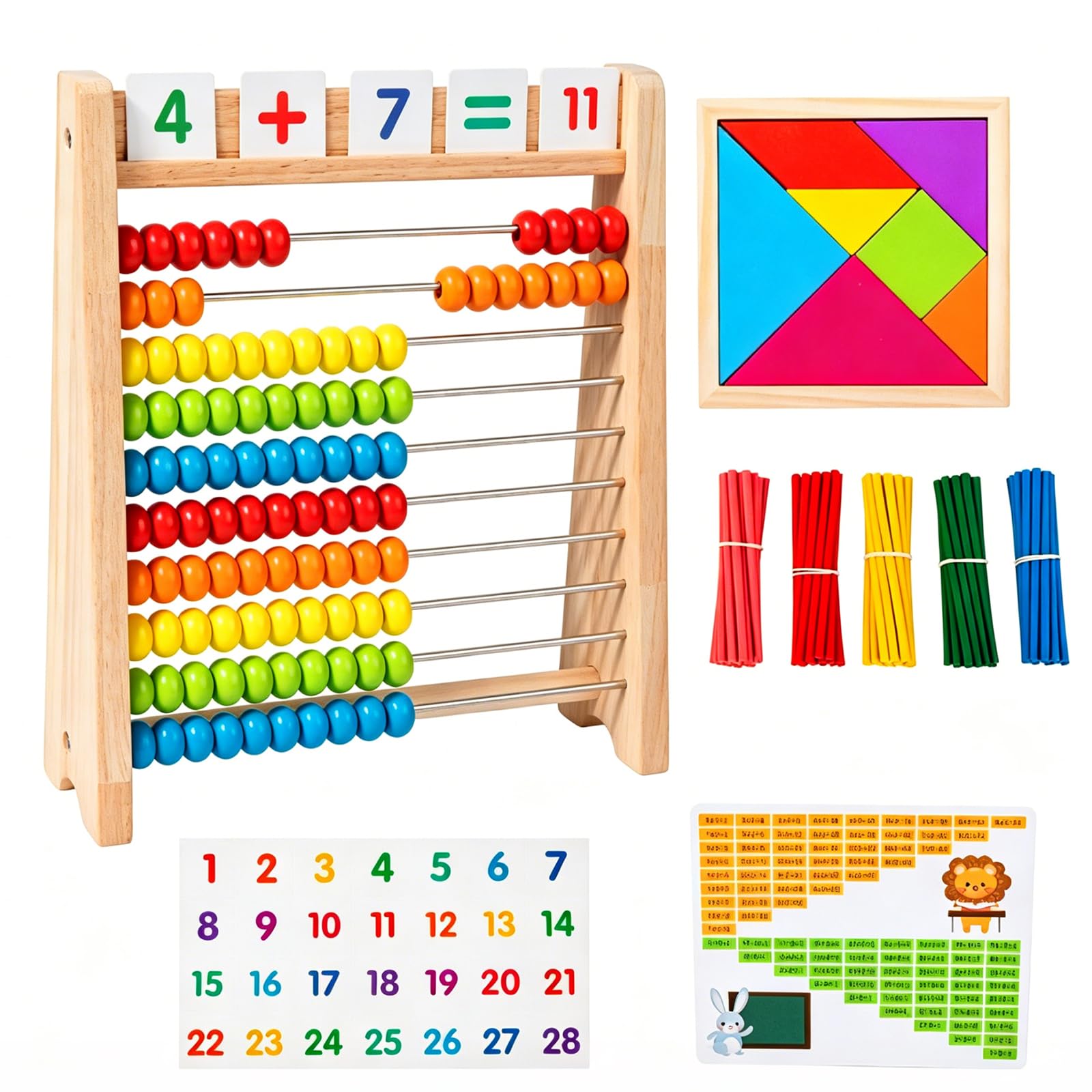 Abacus for Kids Set, 10 Gear Calculating Frame with 1 Tangram, 100 Counting Sticks and 1 detachable Number Sheets, Table Chart Classic Wooden Educational Counting Toy