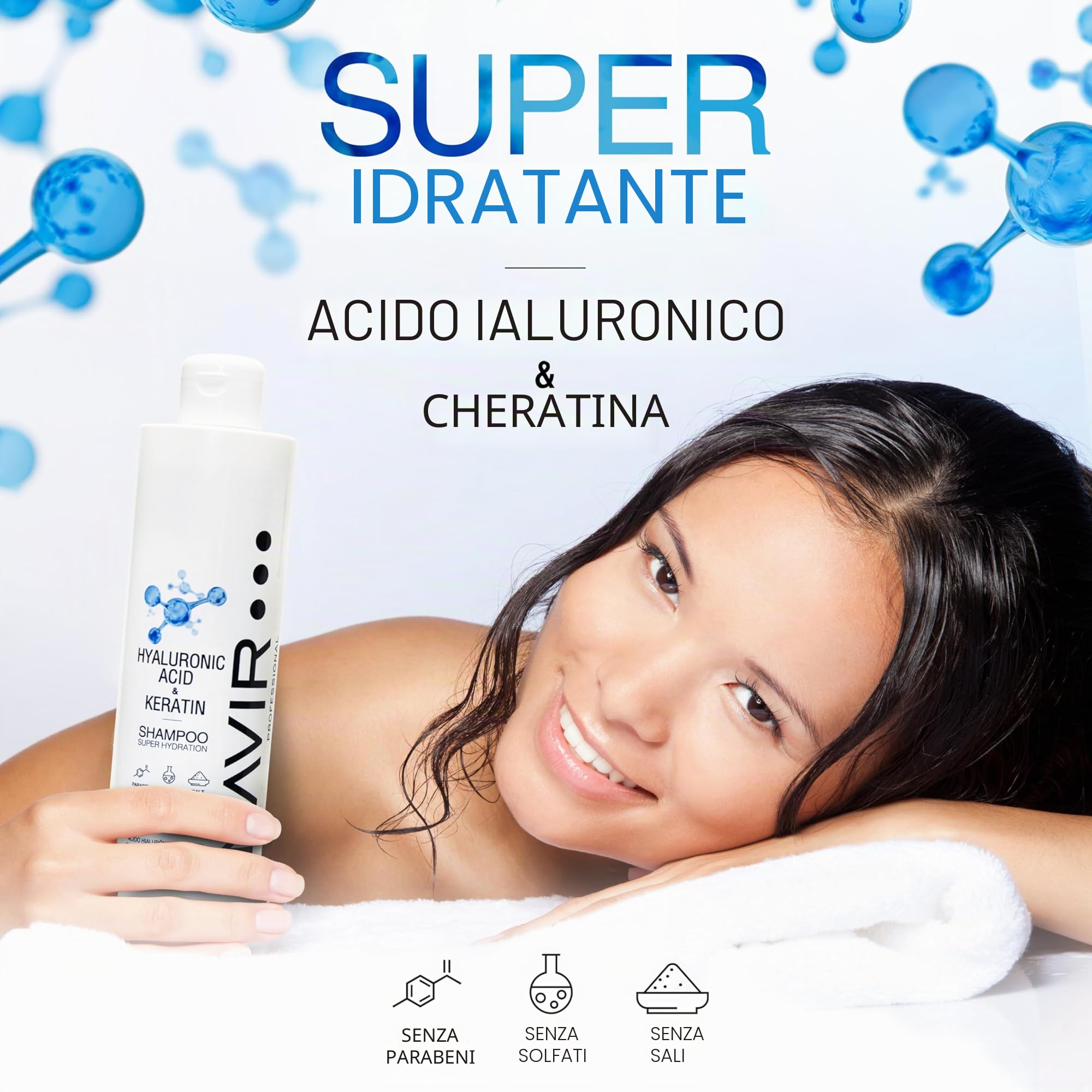NAVIR Professionale | Kit professionale capelli con acido ialuronico – Shampoo 500ml + maschera 200ml + balsamo 200ml – Idratazione intensa post trattamento lisciante – Senza solfati – 3 prodotti