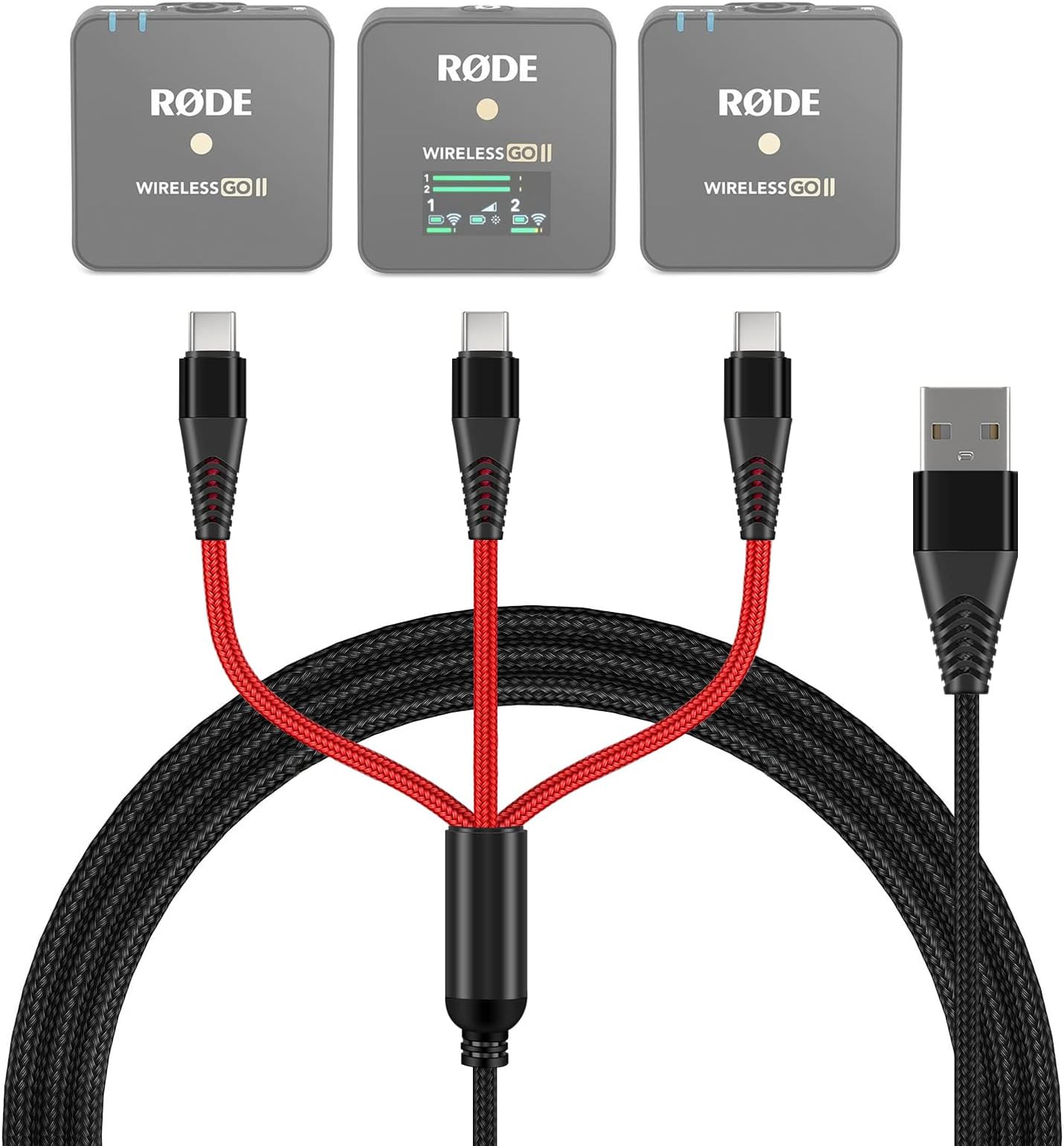 3-in-1 USB C Cable Replacement for Rode Wireless Go II Microphone System, Nylon Braided Charging Cord with 3 Type-C Plugs 4ft