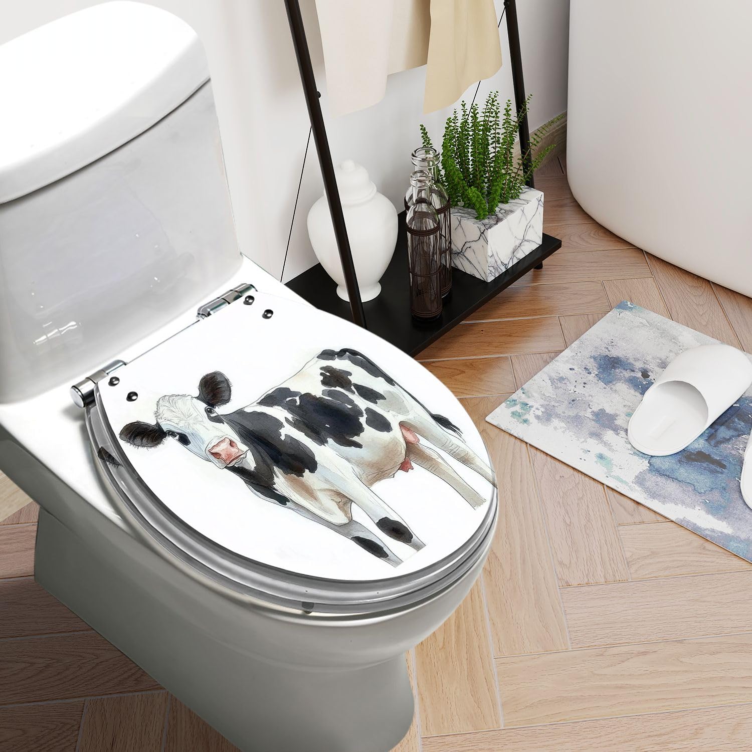 Round Toilet Seat Spotted calf cow watercolor hand drawing white Resin Toilet Seat Slow Quiet Close with Quick-Release Hinges Toilet Seat with Cover Easy to Clean Install
