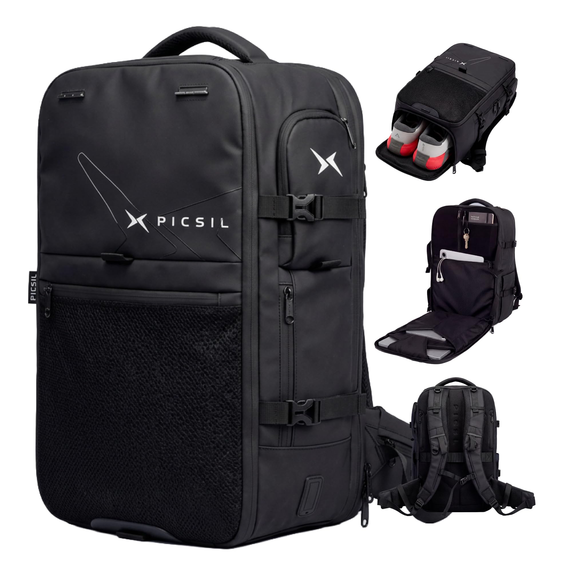 PICSIL Horizon, Zaino Cabina Espandibile 26L-33L, Porta Laptop - Moonless | 47x29x18,5cm impermeabile con porta USB-C. Apertura 18°, scomparto scarpe e tasca PC, ideale per lavoro e viaggi.