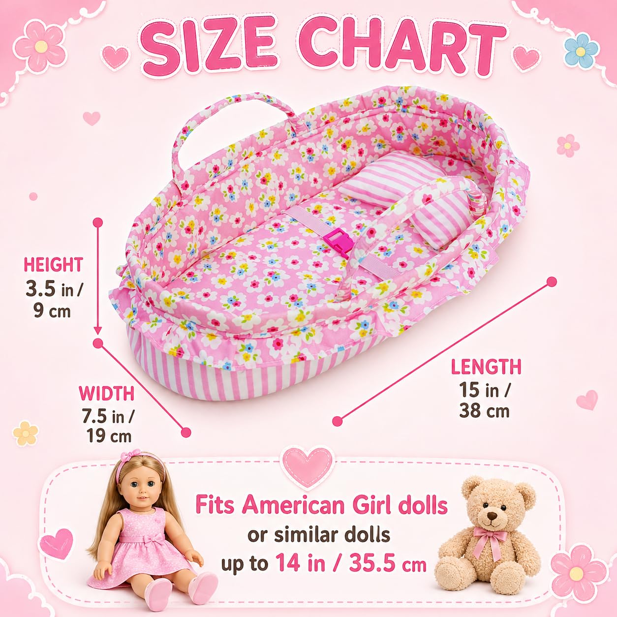 June Garden Berceau de Rêve Confortable pour Poupée - Porte-Poupée Portable - Convient pour les Poupées American Girl ou les Ours en Peluche jusqu'à 35,6 cm - Blanc Crème