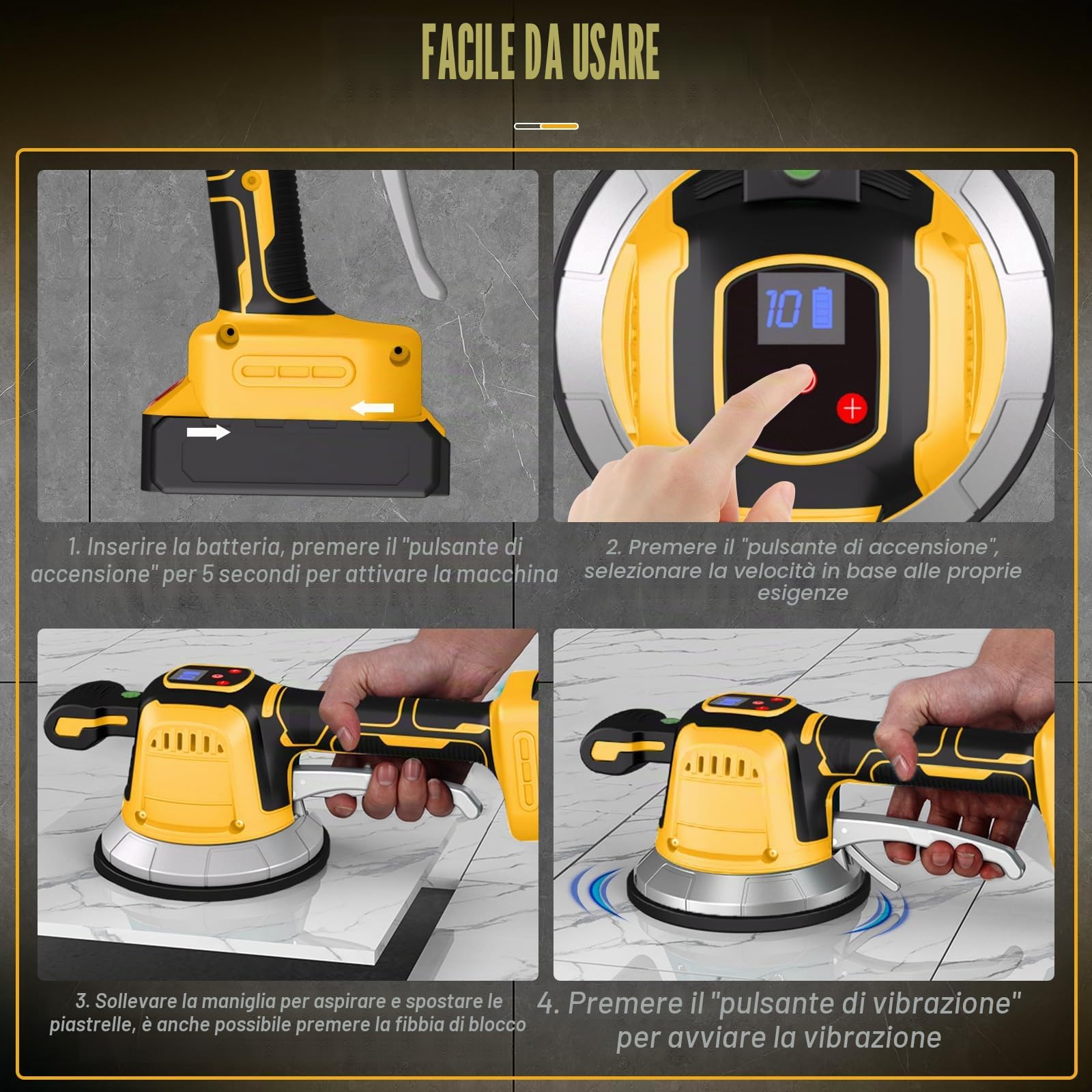 Vibratore per Piastrelle Compatibile con Dewalt 18V,20v, Strumenti per Piastrellista con 10 Marce Regolabili, Ventosa da 14,8 cm e Assorbimento da 160 kg per Posa di Piastrelle