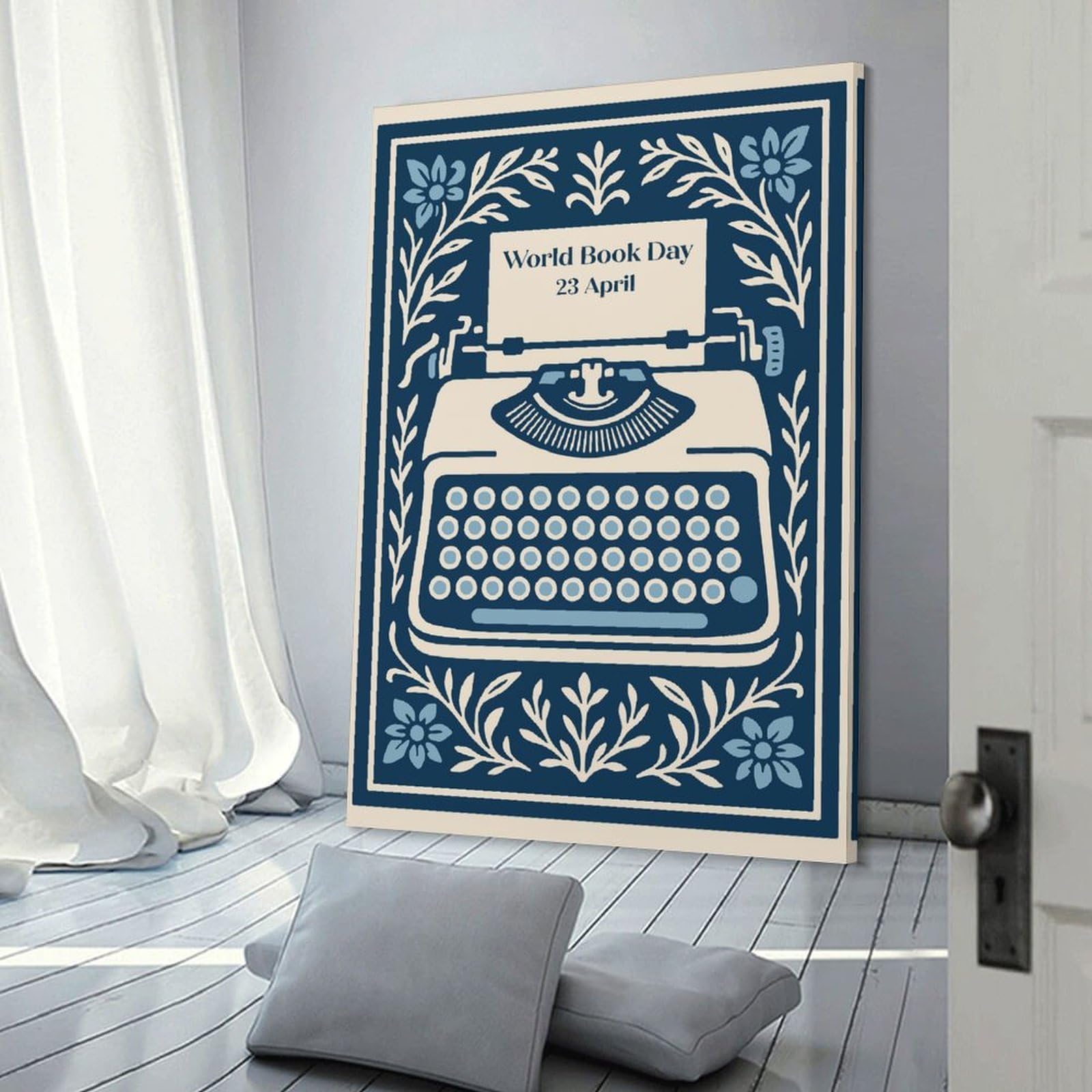 Junmoney World Book Day Typewriter Illustration Canvas Wall Picture, 24x36inch(60x90cm), for Sofa Walls, Lounge Or Home Corners, Modern Wall Decor for Cosy Interiors