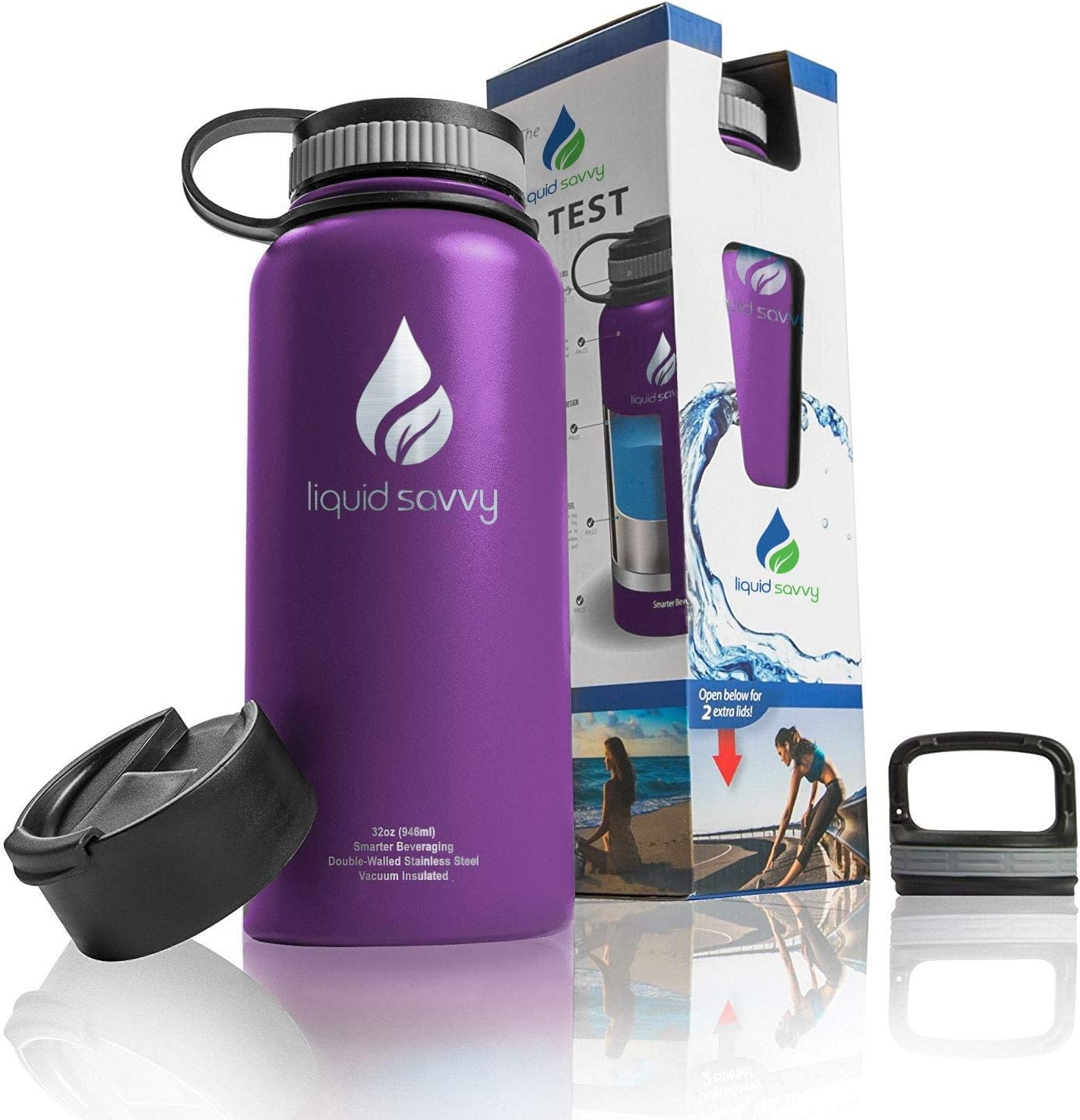 Liquid Savvy 32 oz Insulated Water Bottle with 3 lids - Stainless Steel, Wide Mouth Double Walled Vacuum Insulated Bottle for Hot and Cold Beverages