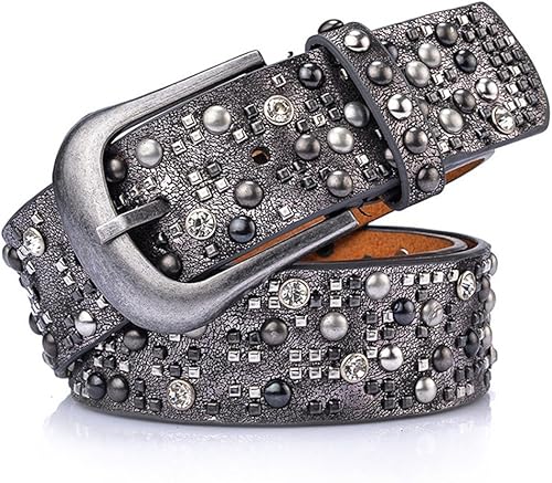 Miniatura 1 de YAMEZI Mujeres Plata Gris Retro PU Y Vaca Mezclado Cristal Tachonado Remaches Cinturón