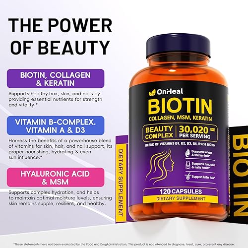 Miniatura 2 de Biotina, colágeno, ácido hialurónico y queratina OnHeal Complejo para el crecimiento del cabello Vitamina 30020mg - 120 cápsulas para cabello