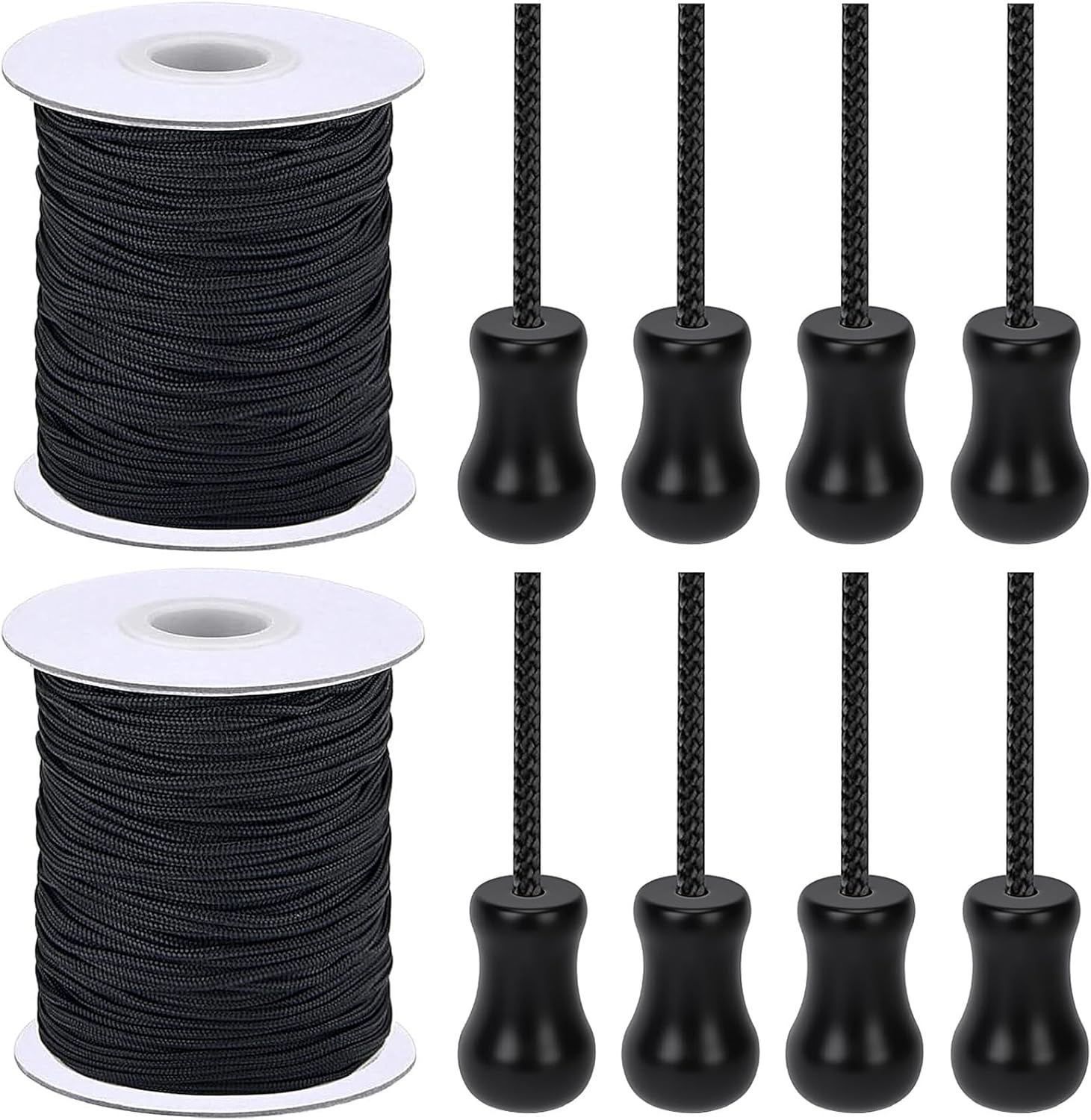 SAYAYA 2 Roll 1.8mm Braided Nylon Lift Shade Cord with 8 Pieces Wood Pendants 110 Yards Replacement Curtain String Kit for Aluminum Blinds Repair, Roman Shades, Gardening & DIY Craft Projects (Black)