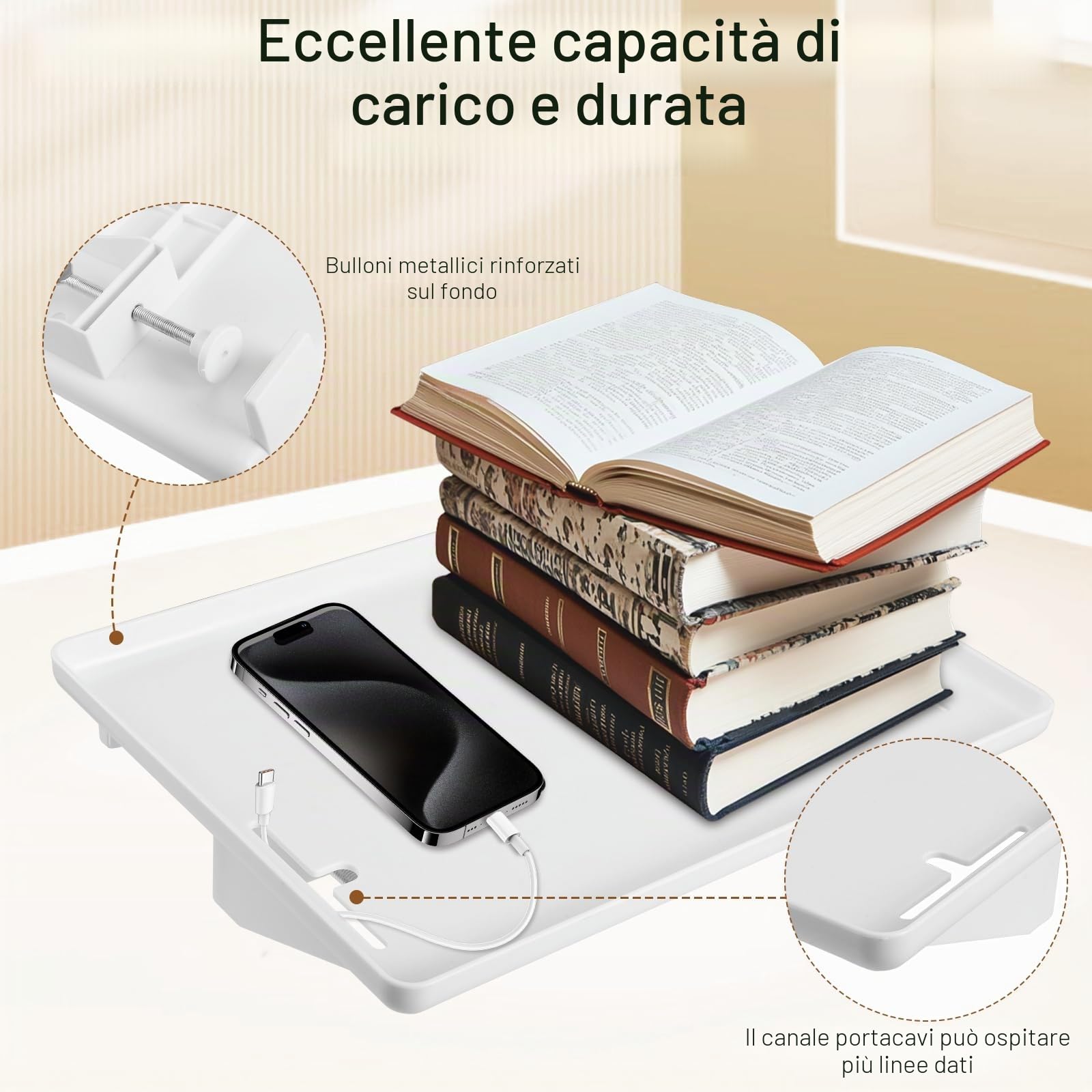 Mensola Comodino per Letto, Mensola con Gestione Cavi, Capacità di Carico 35lb, Vassoio Clip-on per Camere Condivise, Letti a Castello e Letti a Molle, Mensola Sospesa, 32 x 23,3 cm