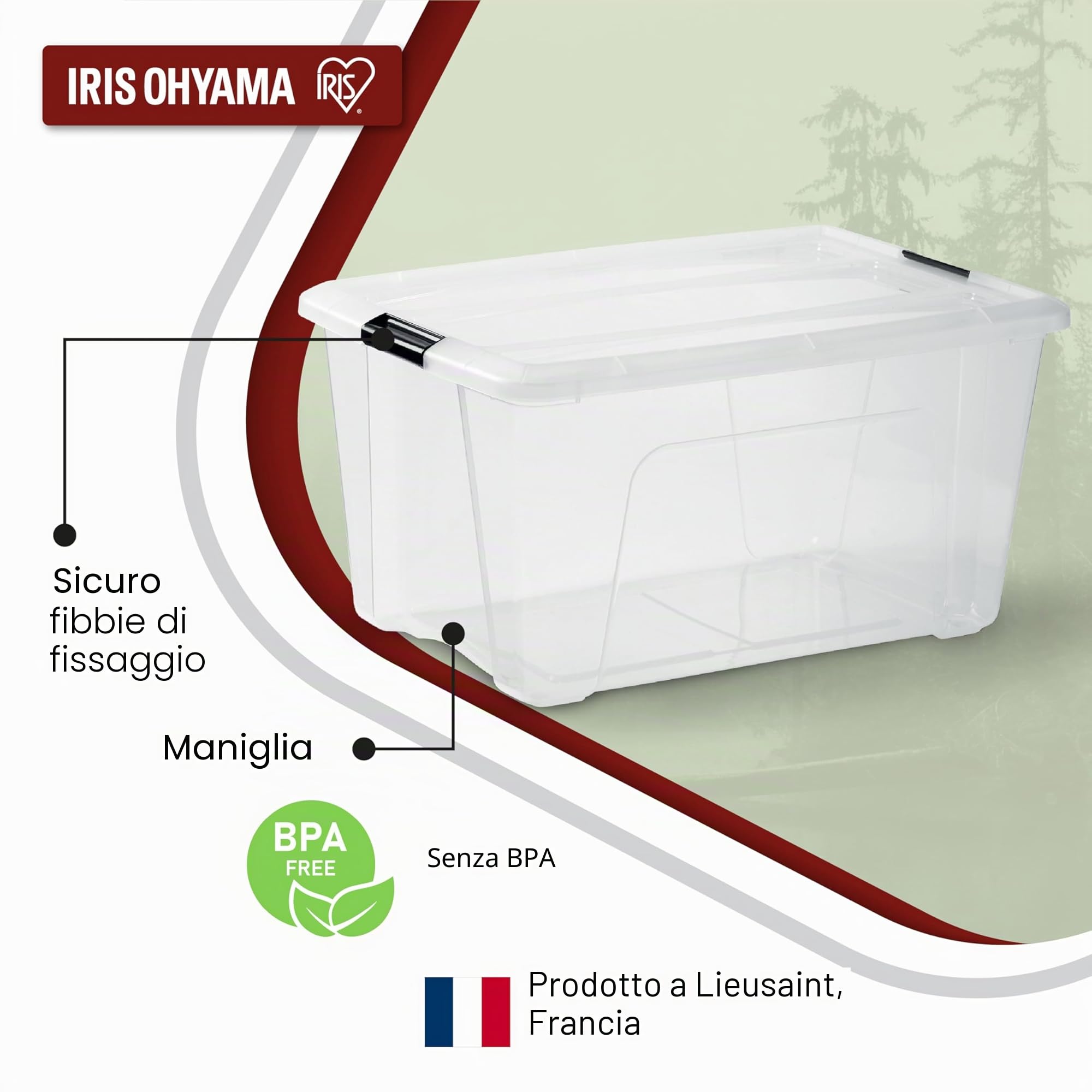 Iris Ohyama, Scatola portaoggetti in plastica con coperchio, 45 l, confezione da 3, trasparente, clip di chiusura, maniglia, impilabile, per camera da letto, cabina armadio, ufficio, senza BPA
