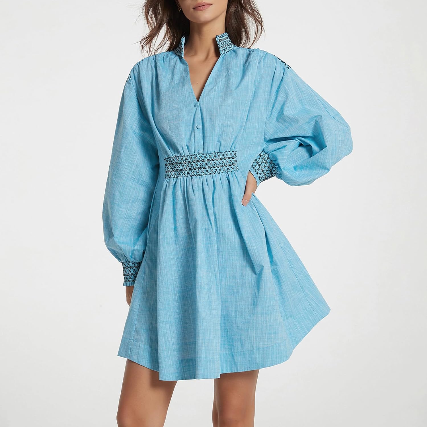 D-Sun Womens Embroidered Shirt Dress Summer Oversized Long Sleeve Casual V Neck A Line Mini Dress