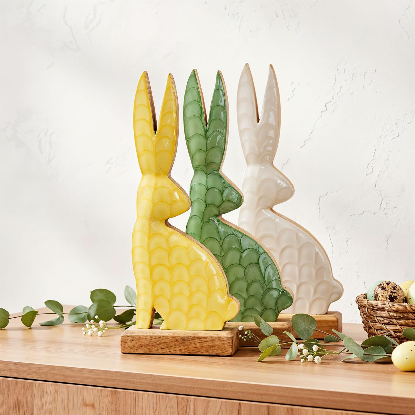 levandeo 3-częściowy zestaw zajączków wielkanocnych, drewno mango, figurki dekoracyjne, wys. 28 cm, zielono-żółte, białe, emalia, masa perłowa, połysk, dekoracja wielkanocna, dekoracja stołu