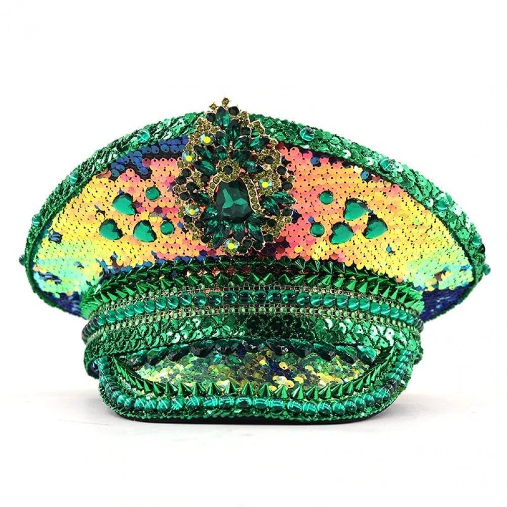 Wudaizhi Cappello da Sergente con Paillettes Cappello Militare con Strass Cappello Verde Che Brucia Cappello da Night Club Cappello da Festa per Festival