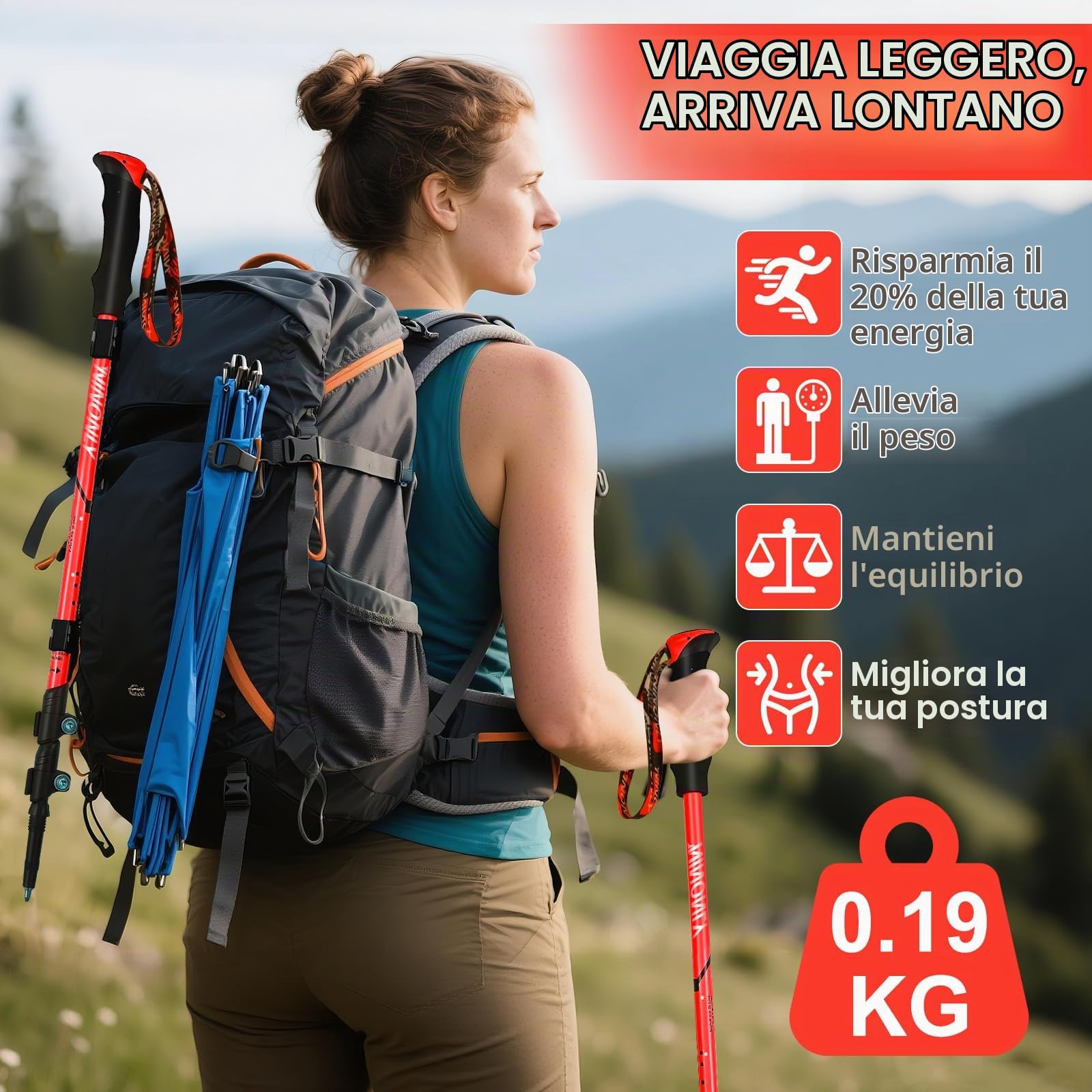 Ninonly Bastoncini Trekking Telescopico in Carbonio, Bastoni da Passeggio Nordic Walking per Uomini e Donne, Racchette Trekking Leggeri con 3 Punte, Portata 150kg per Escursionismo e Alpinismo