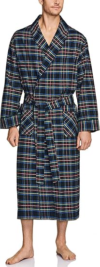 CQR Men's 100% Cotton Flannel Robe, Lightweight Soft Plaid Lounge & Night Sleepwear Robes, Flannel Robe Dim Black Multicolor Plaid, Medium