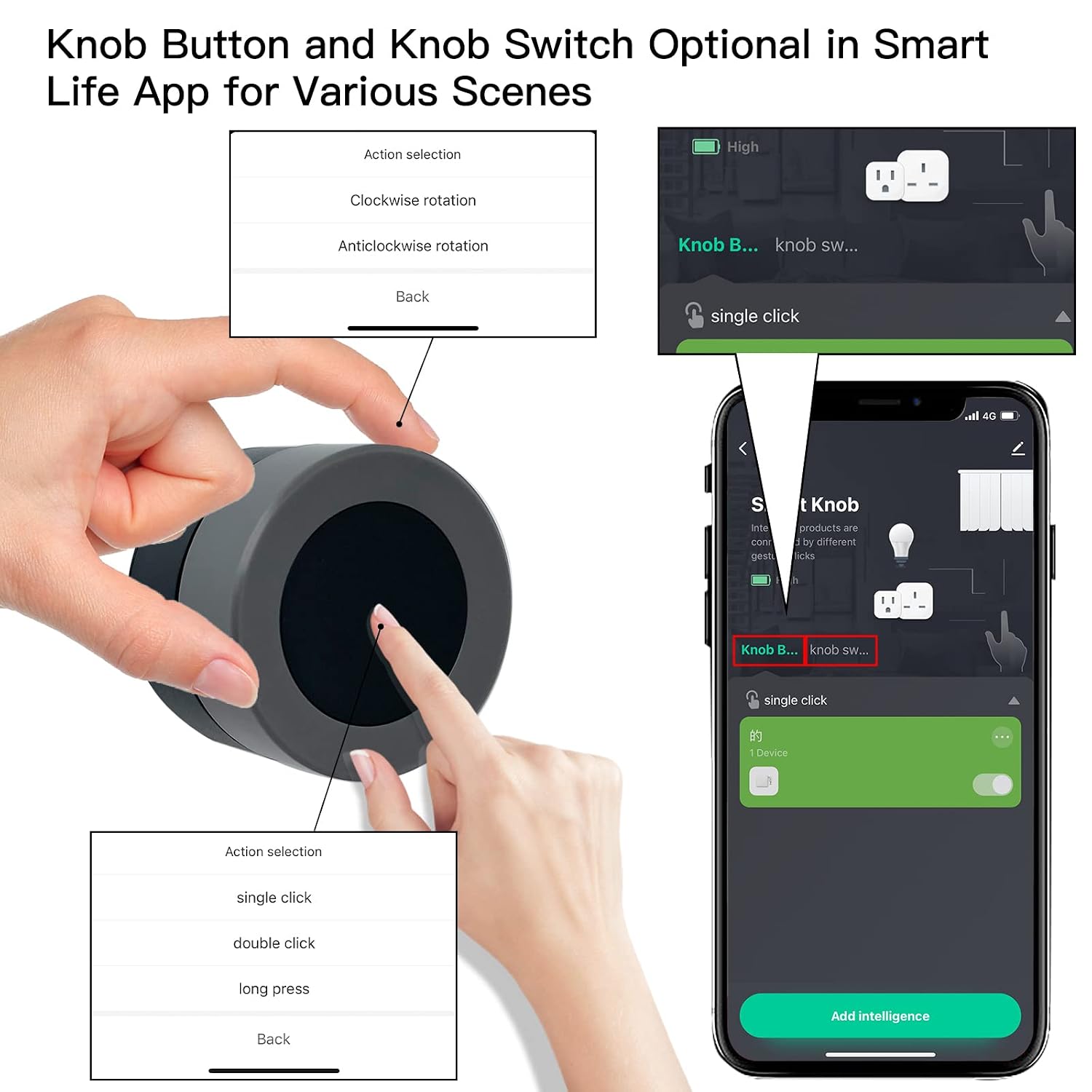 Screenshot of the Smart Life App showing options for configuring the knob button and knob switch for different scenes, including single click, double click, and long press actions.