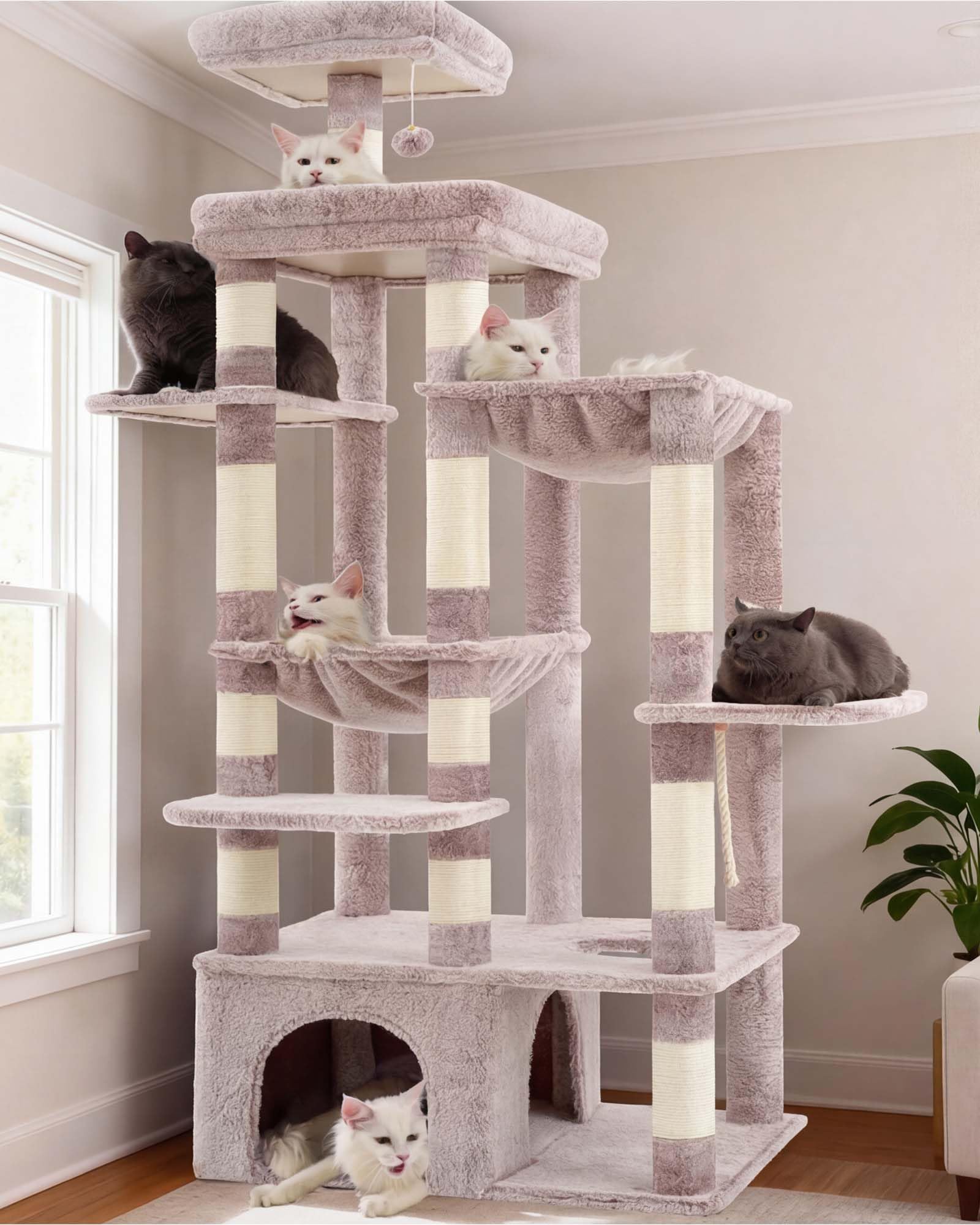 Heybly Tiragraffi Per Gatti, Albero Alto 180 Cm Con Base XL Stabilissima, Piattaforma Ampia E 2 Amache, Progettato Di Razza Maine Coon, Beige Marrone HCT037MU