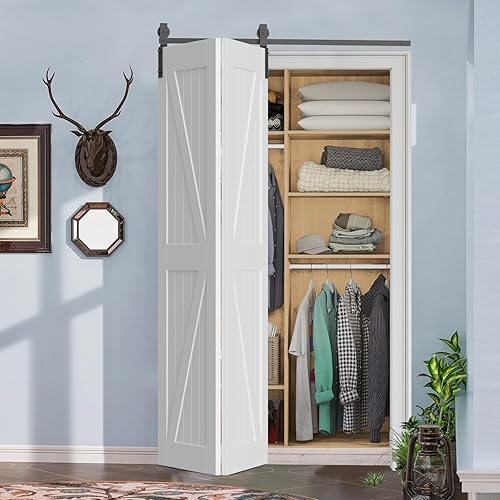 ROOMTEC Kit de riel de hardware para puerta corrediza de granero biplegable de 3 pies, kit de rodillos negros para 2 puertas, forma de J (sin puerta)