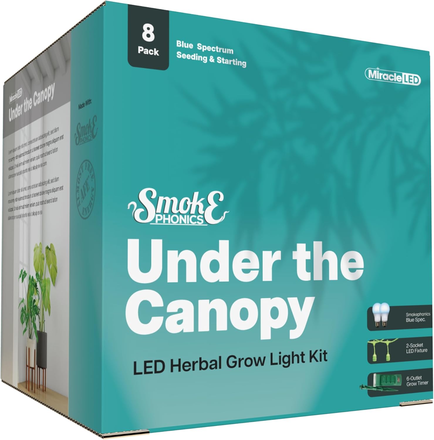 Miracle LED Smokephonics Under The Canopy Indoor Grow Light Kit - Double Plant Yield - Blue Spectrum 150W Replacement Grow Bulbs & 2-Socket Corded Fixture with SproutMatic Timer (8-Pack)