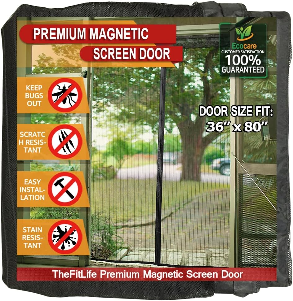 TheFitLife Double Door Magnetic Screen - Mesh Curtain with Full Frame Hook & Loop Powerful Magnets, Snap Shut Automatically for Patio, Sliding Or Large Door, Black Fits Doors up to 72''x80'' Max