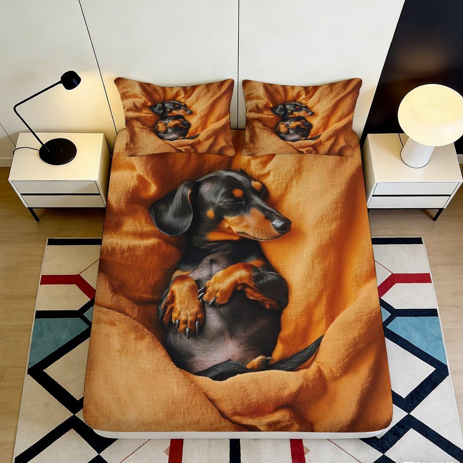 3D Printed Sleeping Dachshund Fitted Sheet Microfiber Soft Durable Dog Pattern Bed Cover for Bedroom Dormitory Guest Room Mattress Protection 120x200x25cm