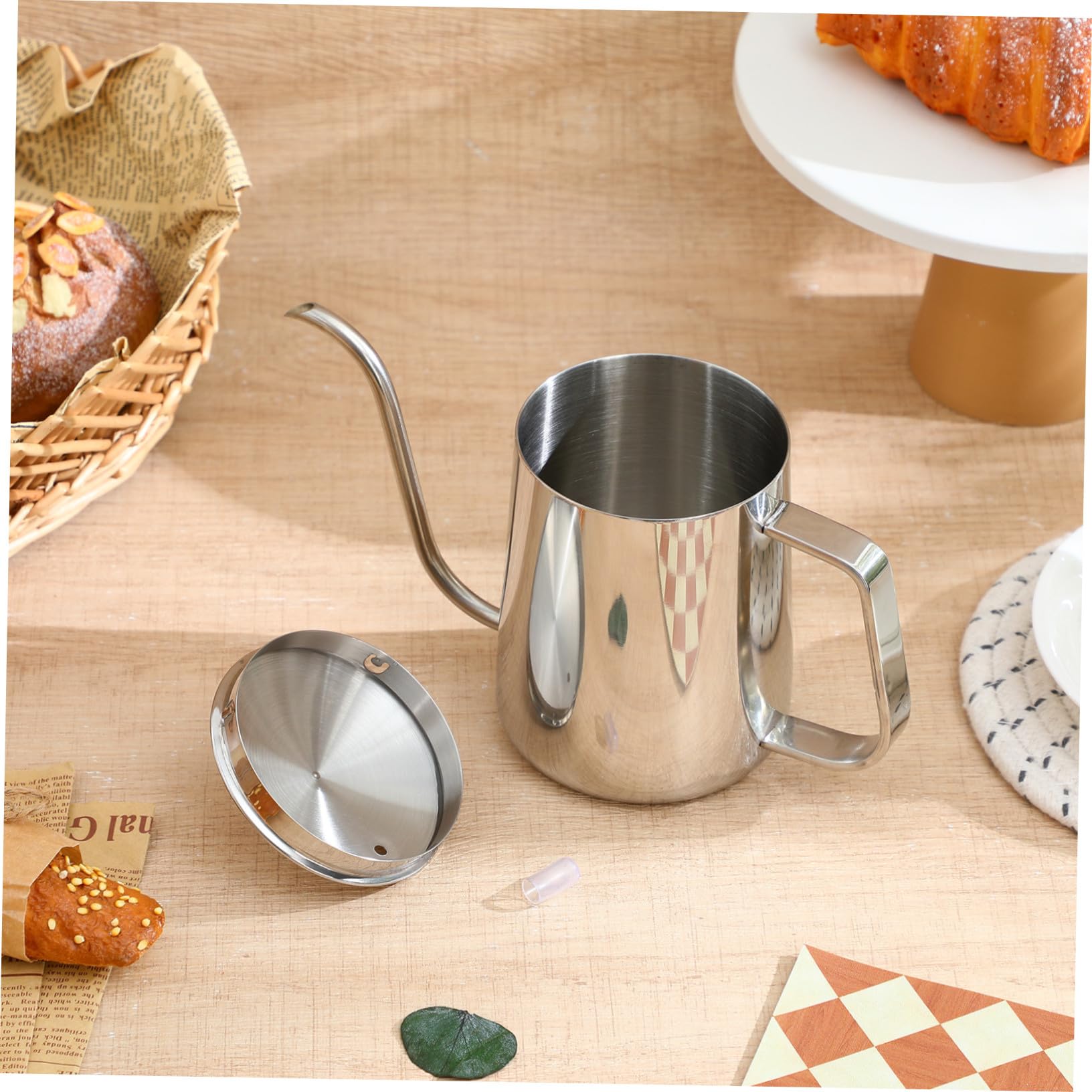 OUNONA Handtropfkessel aus Edelstahl 600ml mit Langem Ausguss und Deckel Silberner Schwanenhals Wasserkocher für Kaffee und Teeliebhaber im Büro Stabiler Wasserfluss Einfache