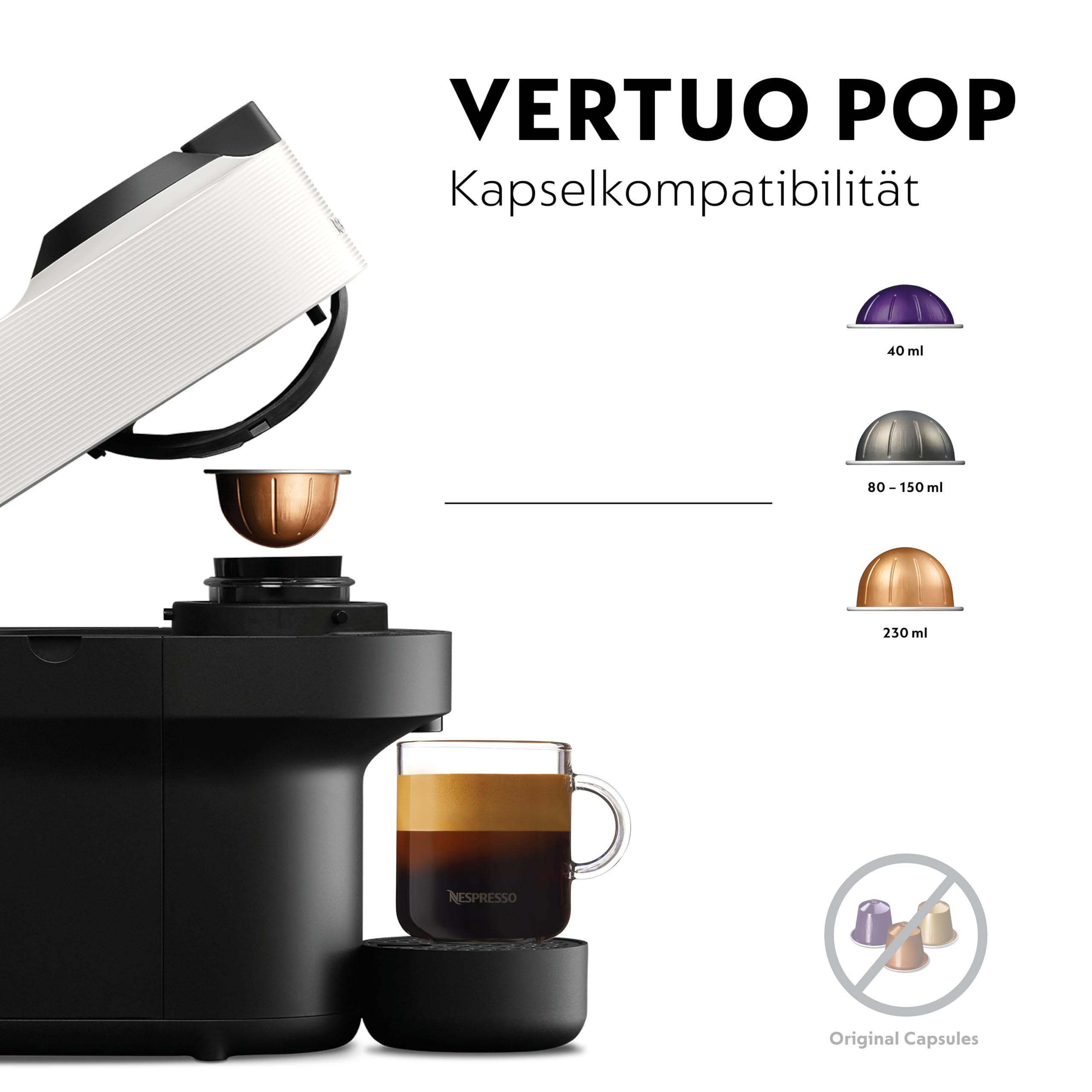 Nespresso Krups Vertuo Pop Kaffeekapselmaschine 560 ml automatische Kapselerkennung One-Touch-System 4 Tassengrößen Coconut White